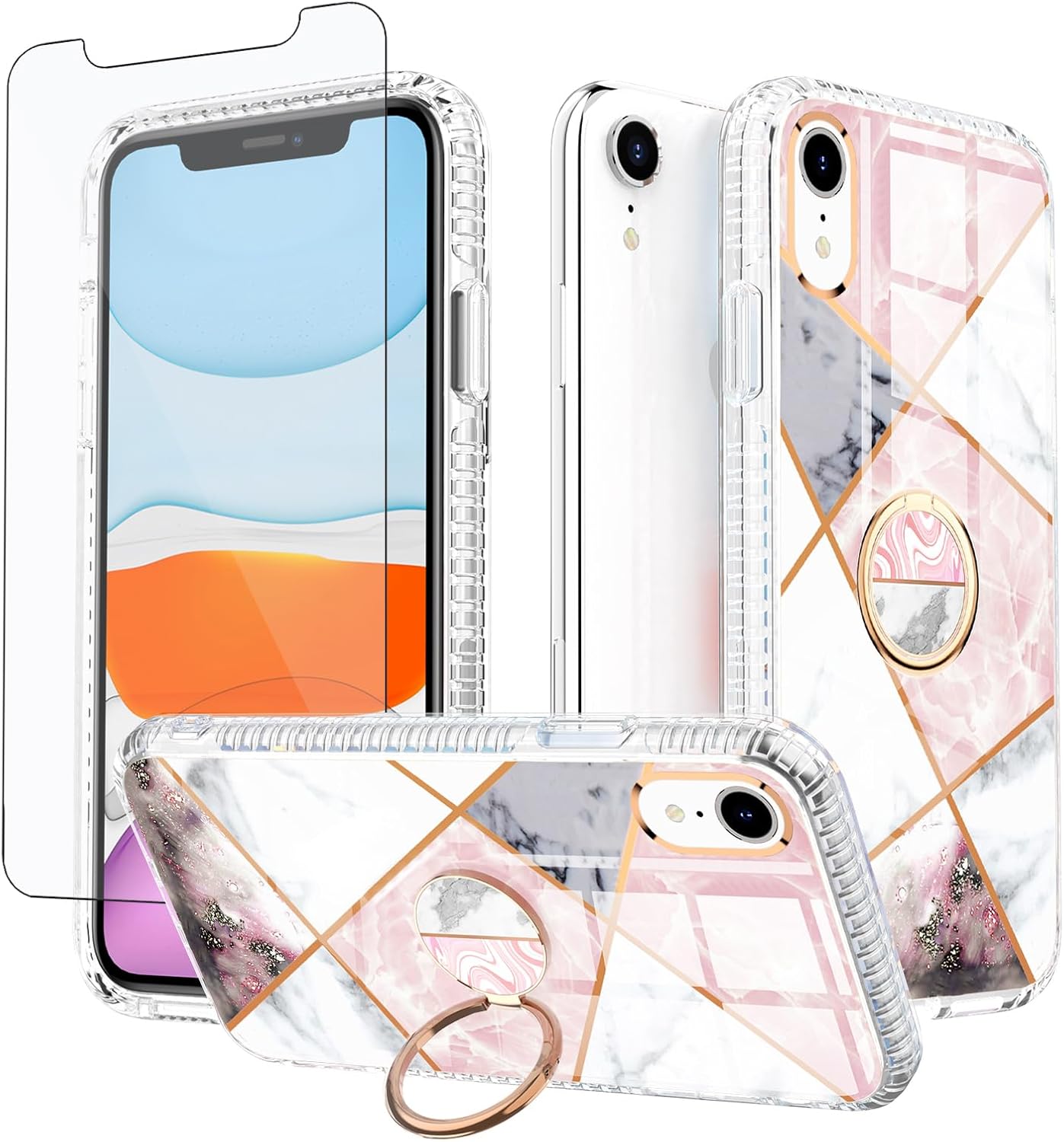 Asuwish Funda de teléfono para iPhone XR 6.1 con protector de pantalla y soporte de anillo de mármol, a prueba de golpes, TPU silicona, resistente