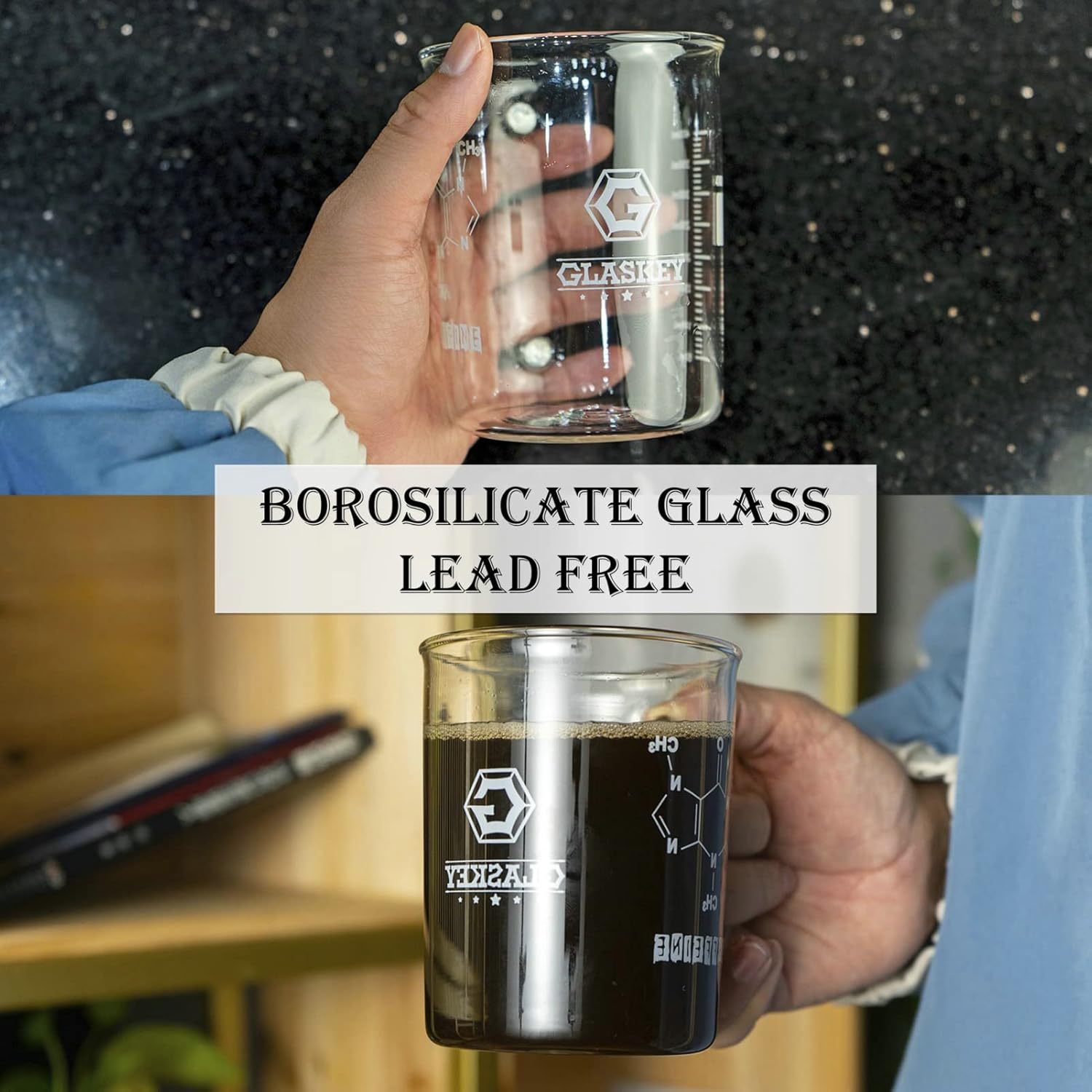 Taza de vaso de cafeína, taza de cafeína de borosilicato antigoteo de 16 onzas, tazas de café frescas con asa, taza de química, medición para café,