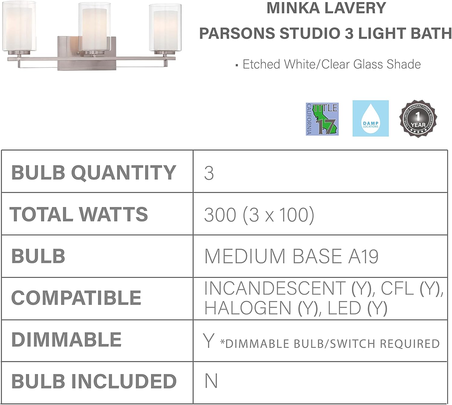 Minka Lavery Parsons 6103-84 – Lámpara de pared para baño, 3 luces, níquel