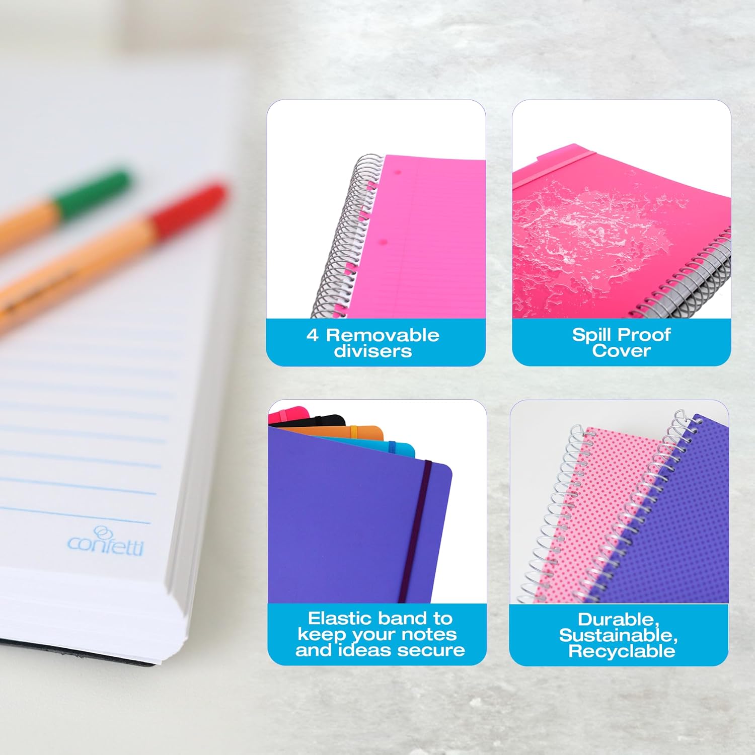 Confetti Cuaderno de espiral perforado con agujeros, 4 divisores extraíbles, cubierta a prueba de derrames, banda elástica de cierre, bolsillo de