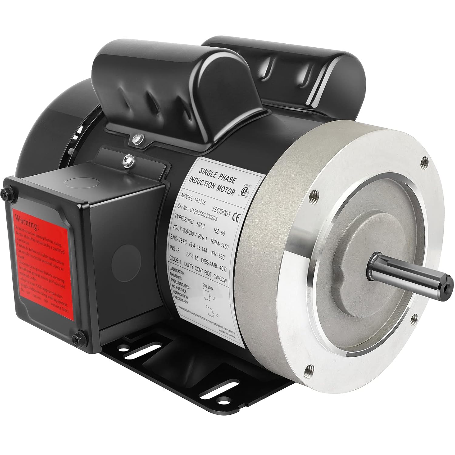 Motor eléctrico de 3HP Compresor 3450 RPM del motor eléctrico, monofásico 56C marco 208-230V 58″ eje 60Hz CWCCW TEFC