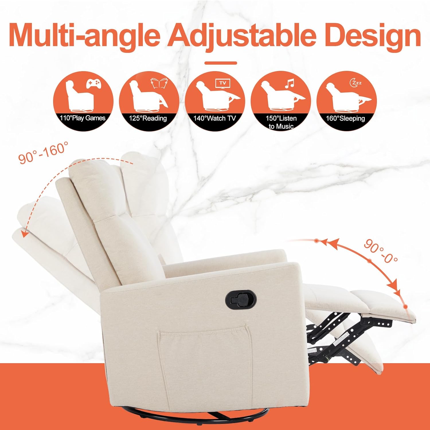 Sweetcrispy Mecedora giratoria reclinable, silla de guardería para sala de estar con reposapiés extragrande, respaldo alto, asiento profundo