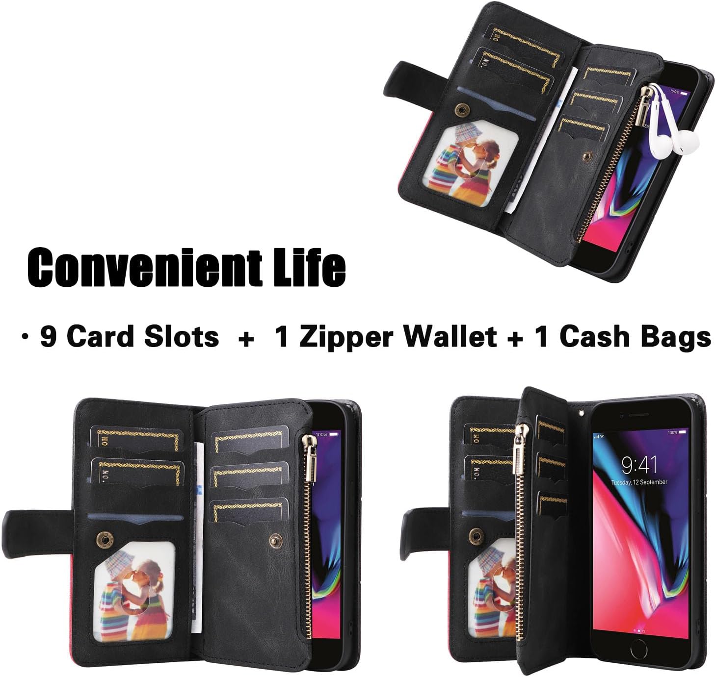 Asuwish Funda de teléfono para iPhone 66s78SE 2020 2022 Funda tipo cartera con protector de pantalla y cremallera abatible para tarjetero, ranura