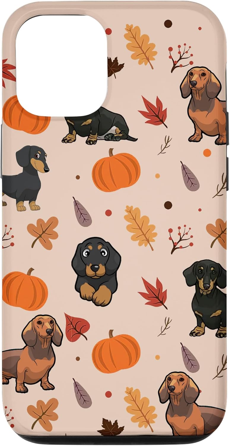 Funda para iPhone 1212 Pro Falling Leaves Autumn Pumpkin and Dachshund Dog Happy Fall Case