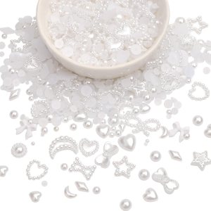 900 dijes de uñas 3D de múltiples formas blancas y perlas de parte trasera plana, perlas huecas, estrellas, arco, corazón, estrella, luna, dijes de 900 dijes de uñas 3D de múltiples formas blancas y perlas de parte trasera plana, perlas huecas, estrellas, arco, corazón, estrella, luna, dijes de