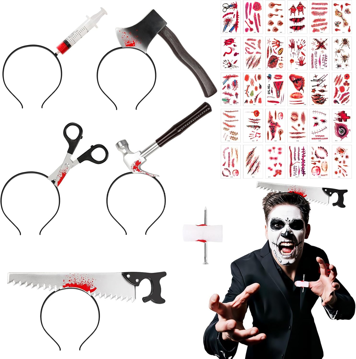 DECYOOL Diadema de terror de Halloween, 36 piezas de accesorios de maquillaje de zombi de Halloween, accesorios de disfraz de Halloween para