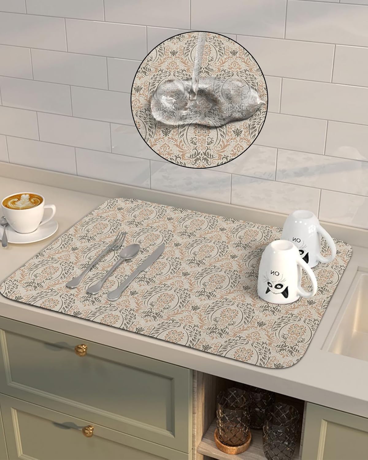 Tapete de secado de platos con patrón étnico gris beige para encimera de cocina, súper absorbente, de secado rápido, tapete delgado para fregadero