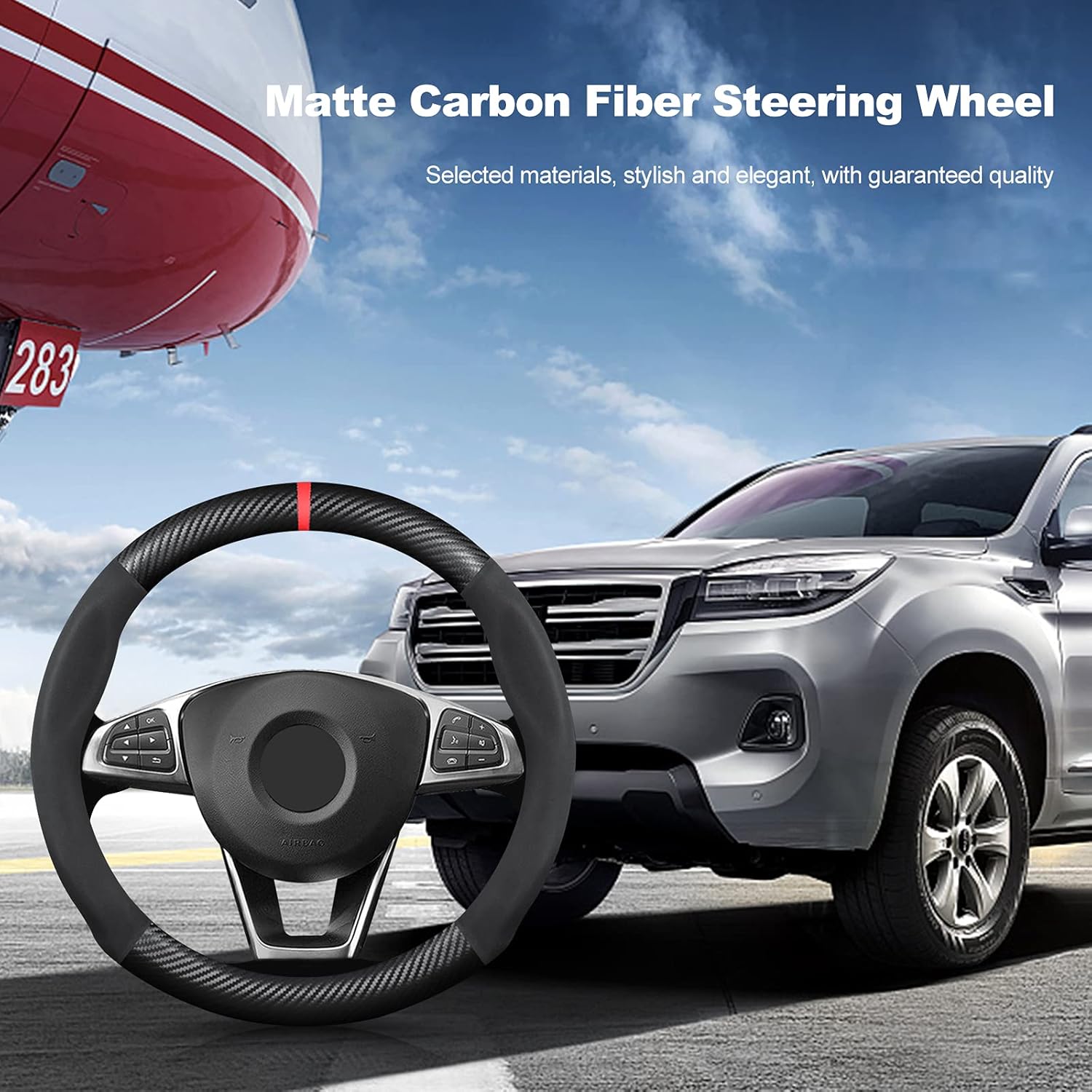 Ergocar Funda para volante de piel sintética de fibra de carbono y microfibra de forma redonda, antideslizante, protector para volante de automóvil,
