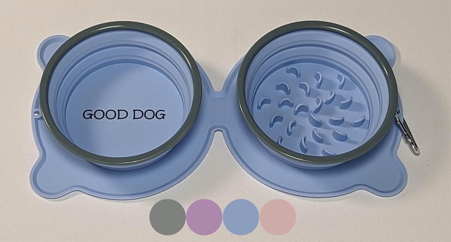 Good Dog – Cuencos dobles plegables para perros, bordes reforzados duraderos, cuencos de comida y agua de viaje, cuenco plegable para alimentación