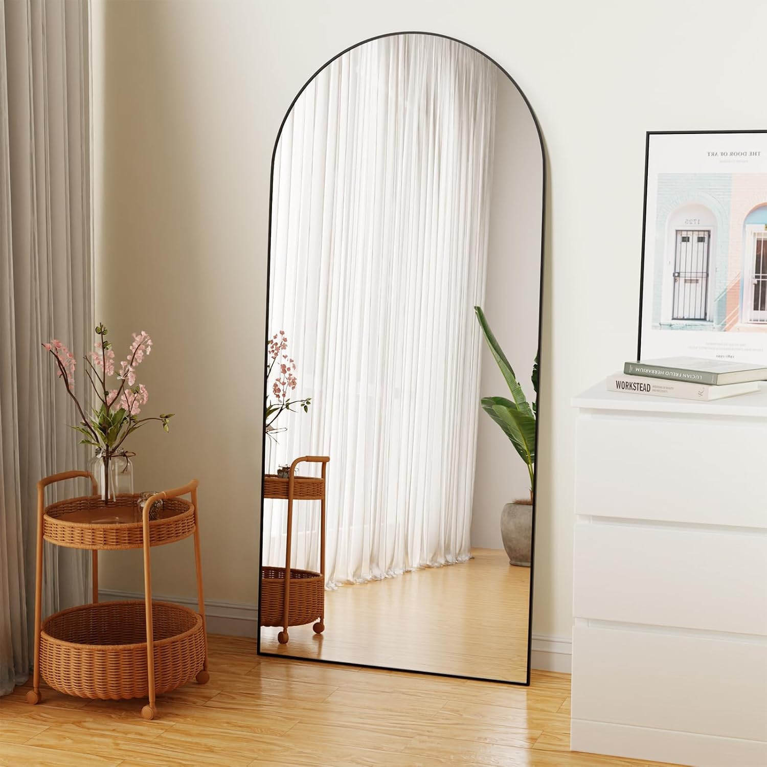 SUFOR Espejo arqueado de longitud completa de 71 x 32 pulgadas, espejo de pie para colgar o inclinarse, espejo de pared de arco con soporte, marco