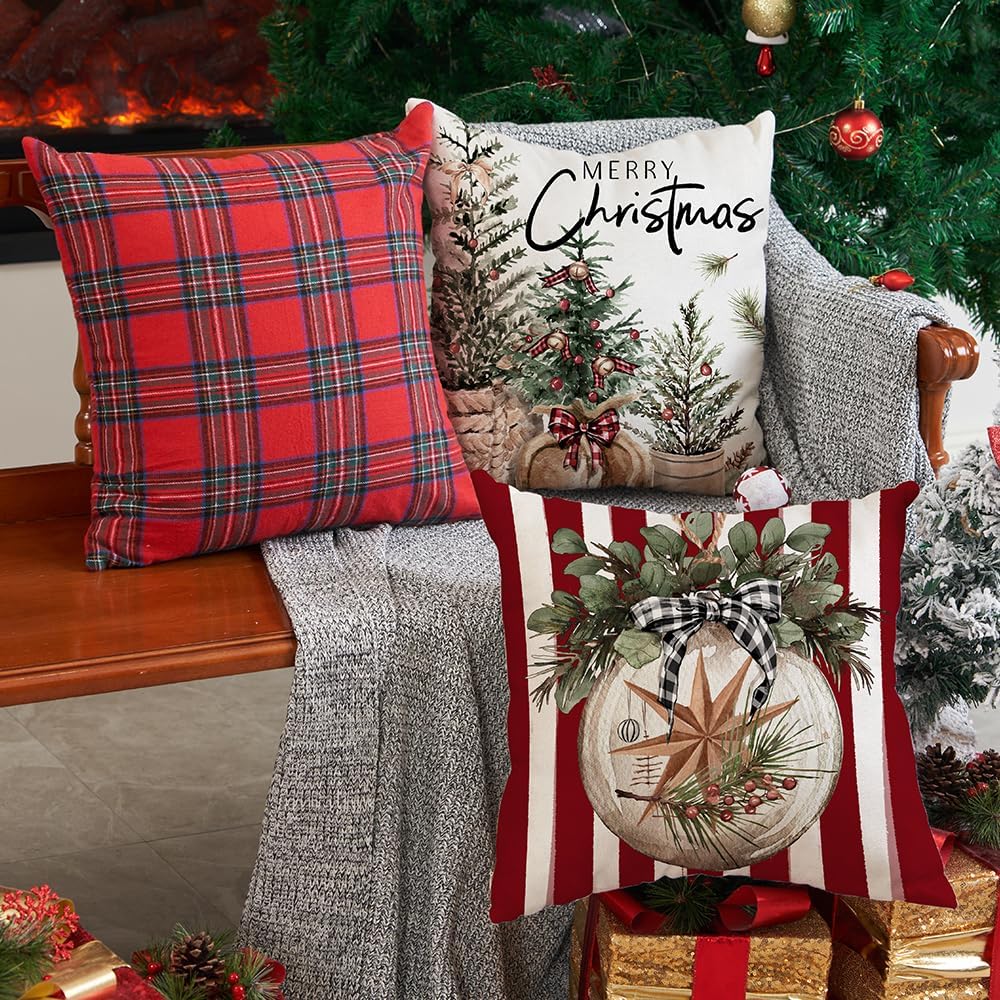 DFXSZ Juego de 4 fundas de almohada de Navidad de 20 x 20 pulgadas, guantes de árbol de Navidad decorativos de invierno con diseño de rayas rojas y