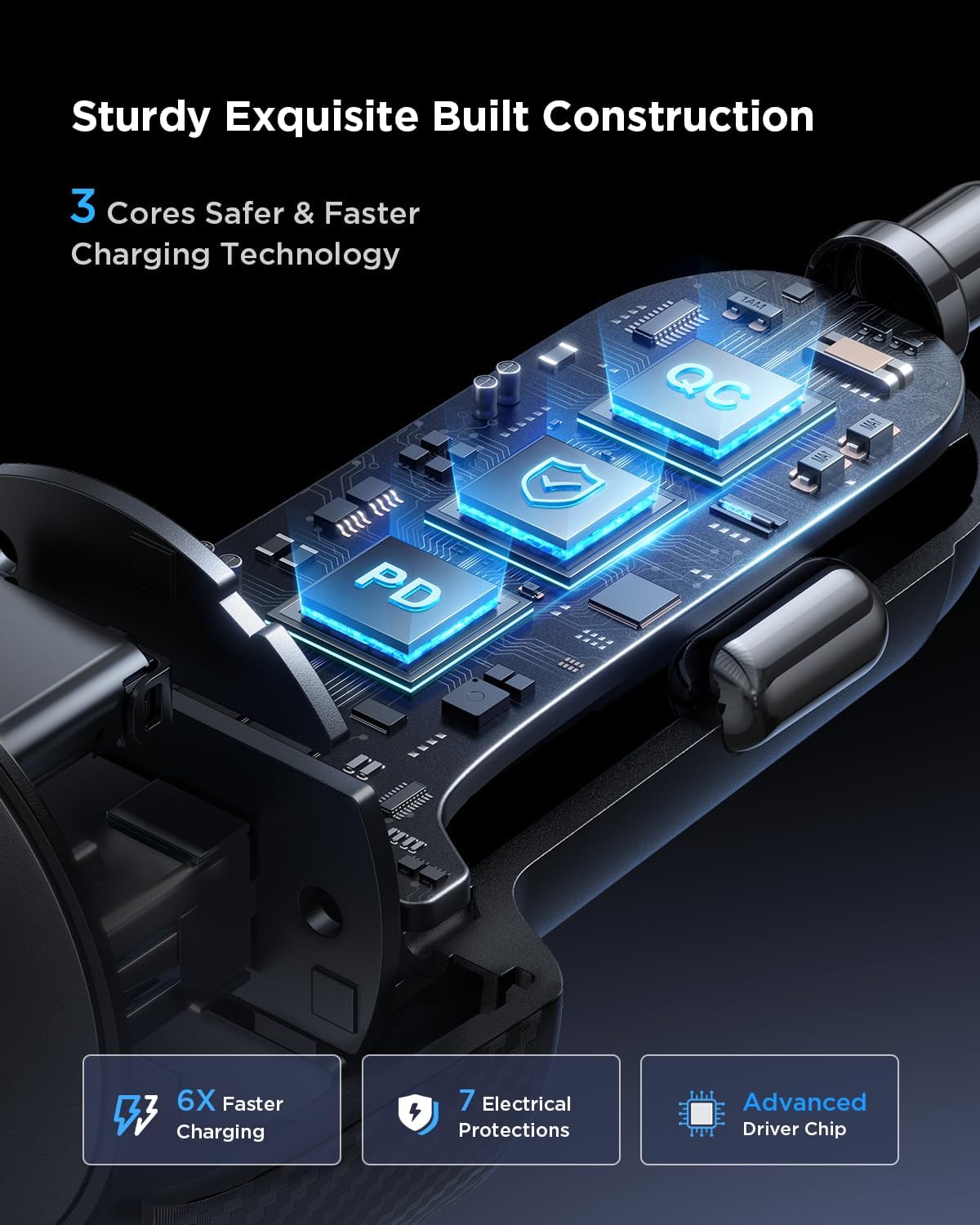 Cargador de coche USB C de 60 W, 2 puertos PD30W+QC30W Cargador de teléfono súper rápido para coche, adaptador de encendedor de cigarrillos, con