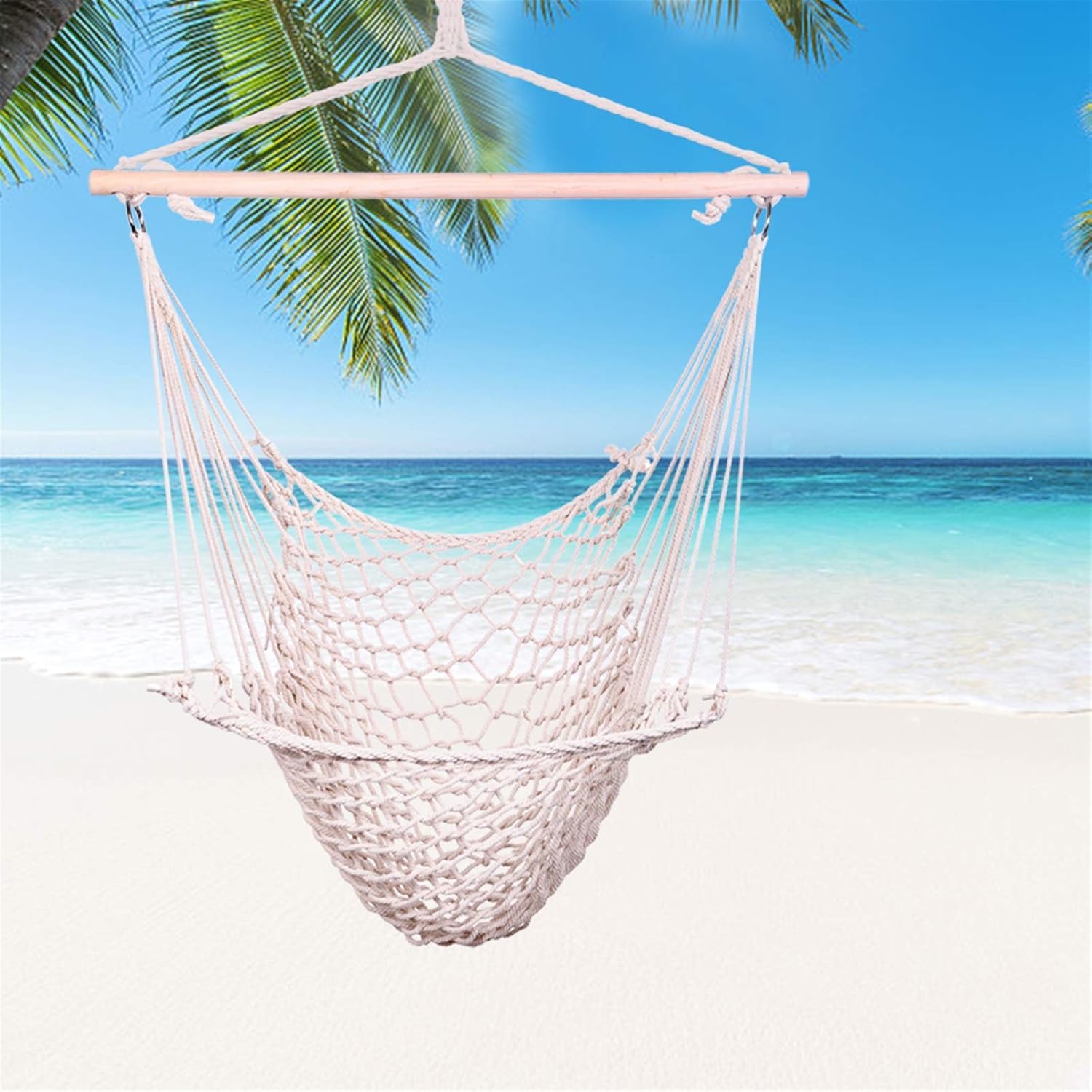 Hamaca colgante para exteriores, con cuerda de algodón y barra de madera, macramé beige, gran aire, silla de cielo para el hogar, interior,