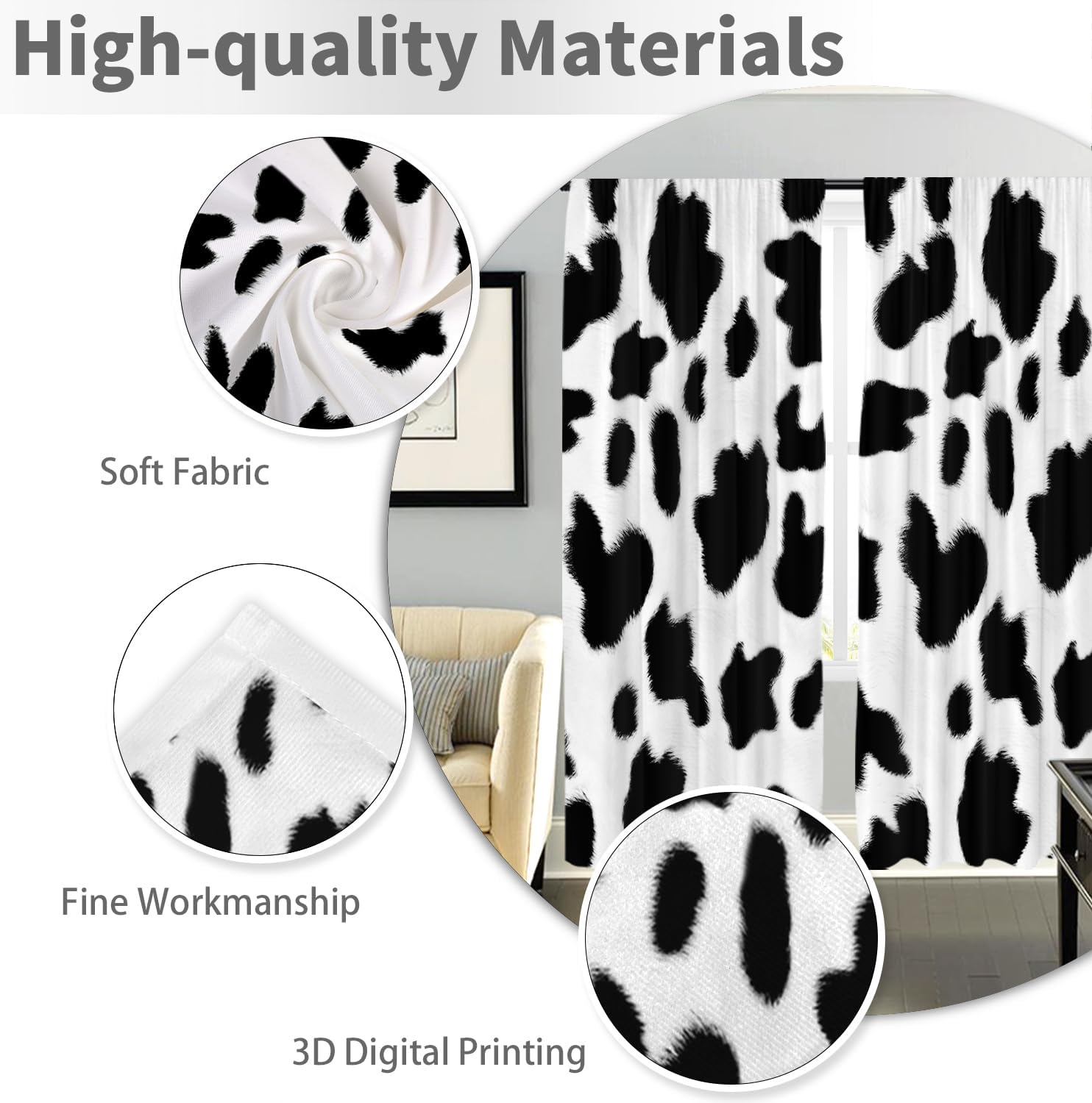 EGLGCC Cortinas con estampado de vaca para habitación larga, lindas vacas blancas y negras, 42 pulgadas de ancho x 84 pulgadas de largo, cortina con