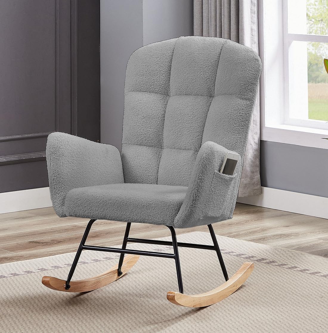 hansones Mecedora para guardería, silla deslizadora tapizada con respaldo alto, sillón para sala de estar, dormitorio, oficinas (gris peluche)