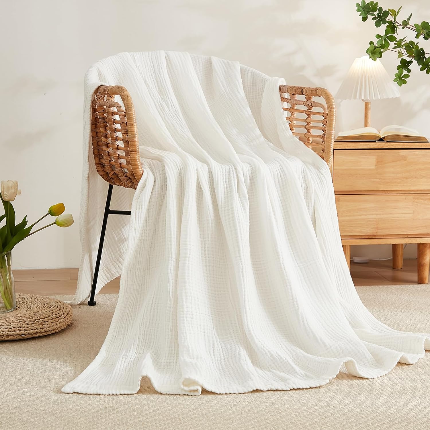 EMME Manta de algodón tamaño Queen para cama, suave y grande, de muselina de 80 x 90 pulgadas, ligera, transpirable, manta de gasa para todas las