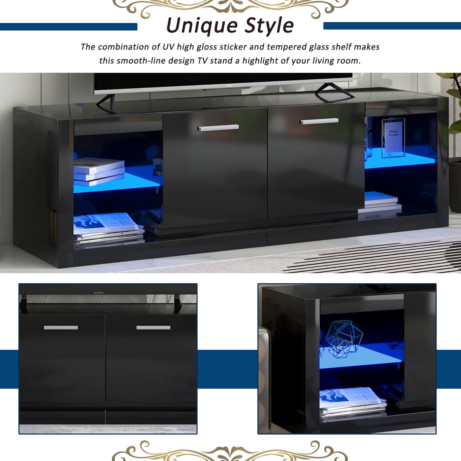 P PURLOVE Soporte de TV moderno con almacenamiento, soporte de TV LED negro, centro de entretenimiento para juegos, gabinete de TV con luces LED que