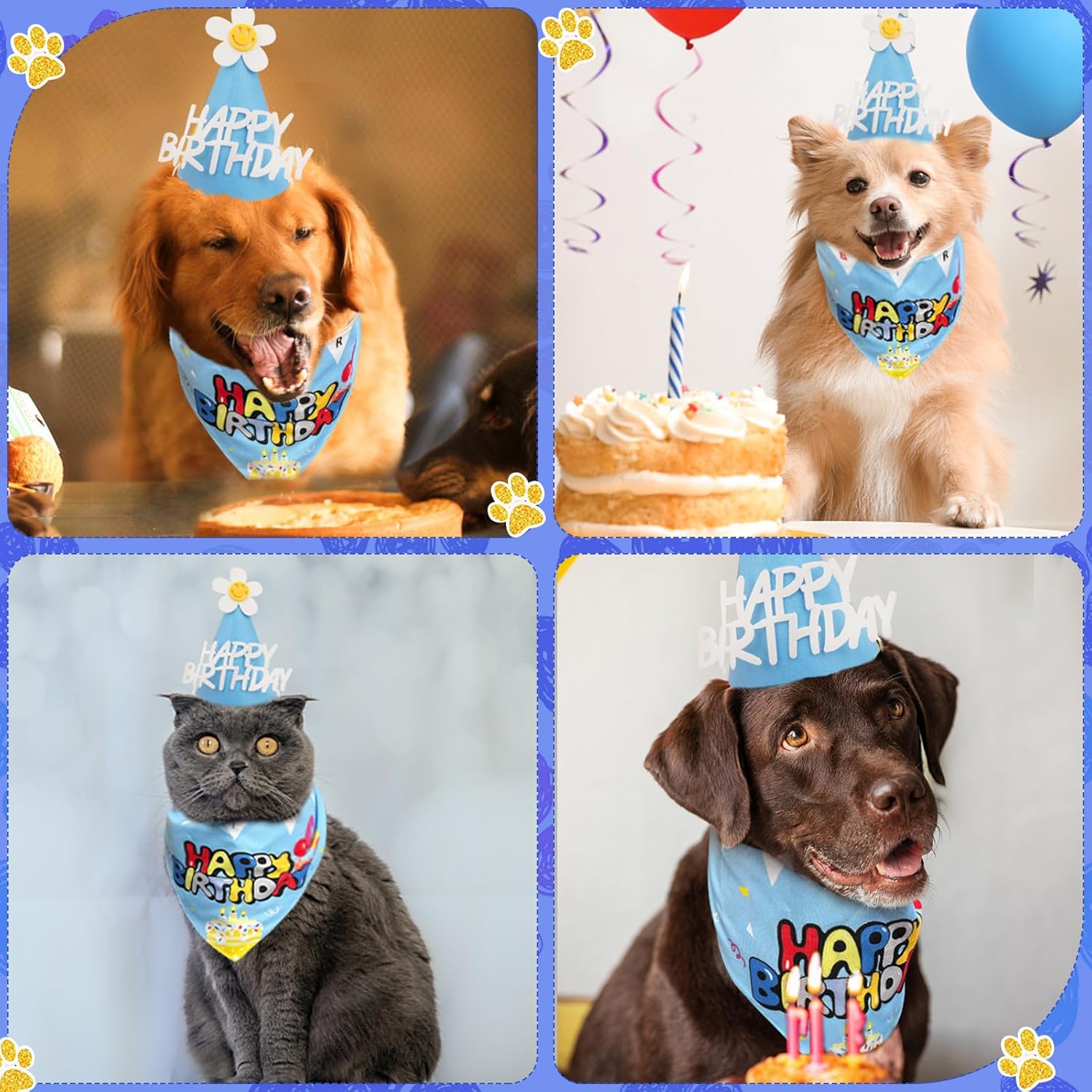 Bandana de cumpleaños para perro con sombrero, lindo sombrero de fiesta de cumpleaños de perro suministros para fiesta de cumpleaños (azul, S)