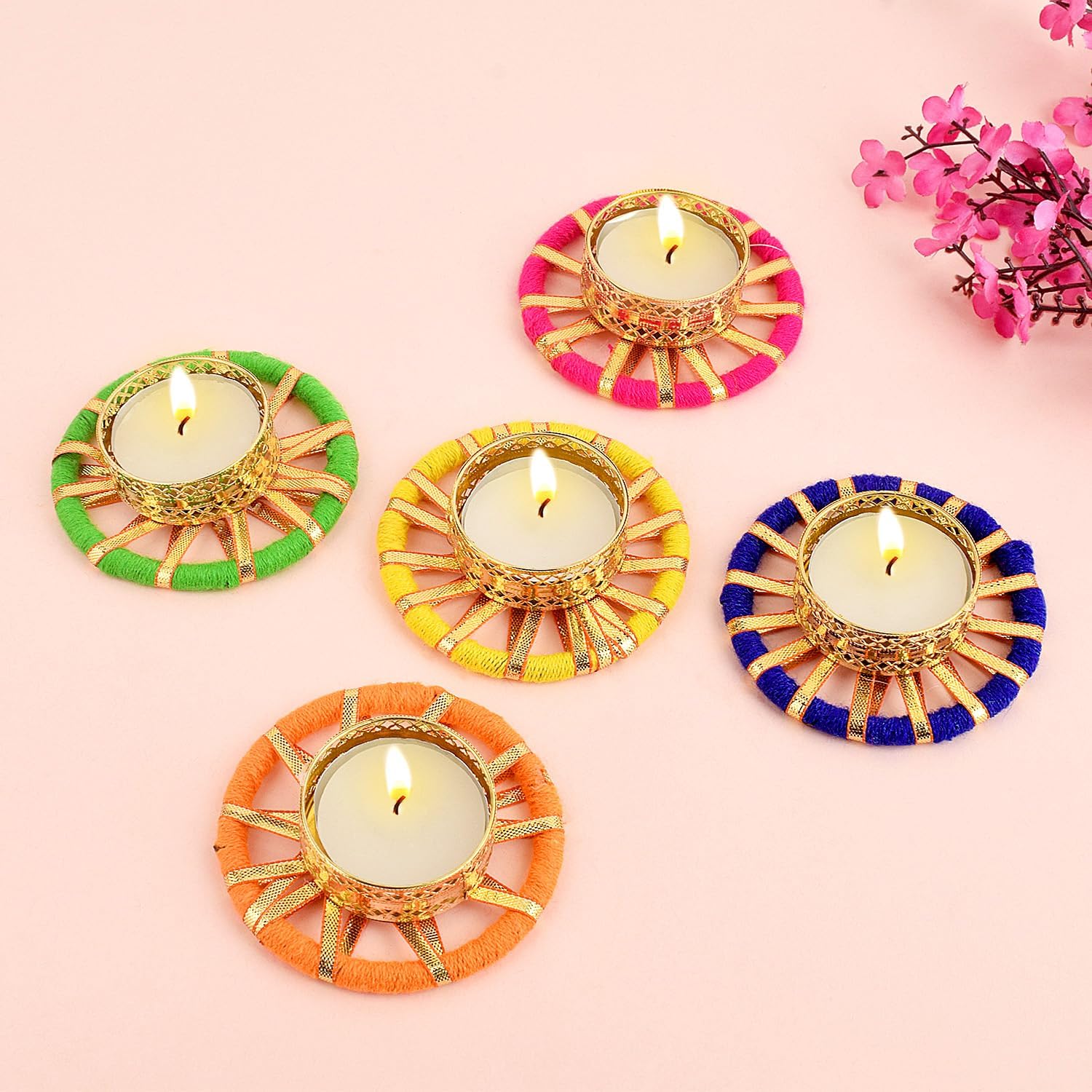 SATVIK – 4 piezas redondas de chakras de metal Dia Festive Diwali Pooja Pujan Portavelas de té Lámpara de aceite para el hogar Mandir Oficina