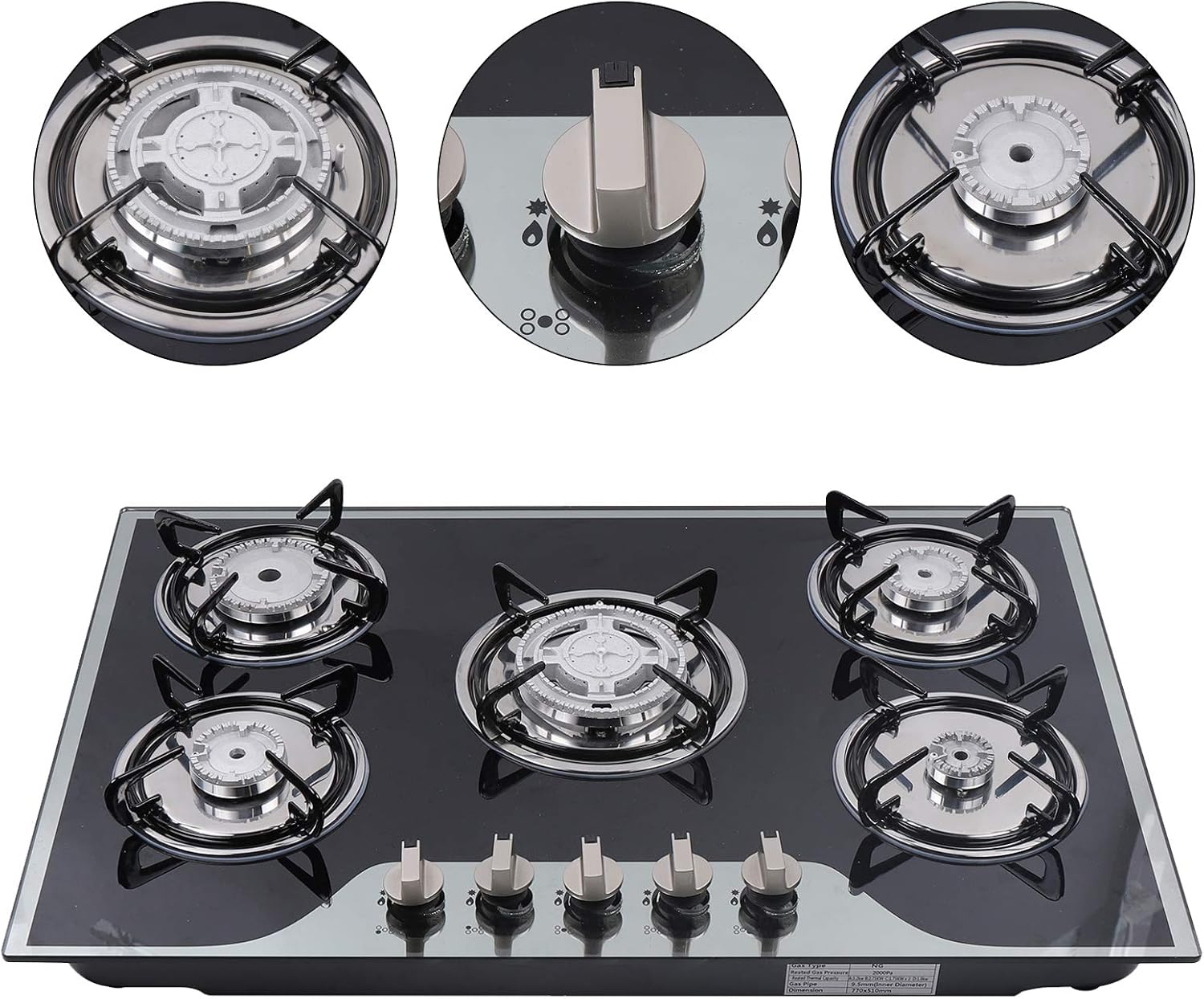 Panel de vidrio templado negro de 15 pulgadas, placa de gas LPG integrada, placa de cocina portátil de gas LPG, encimera de cocina de gas doble para