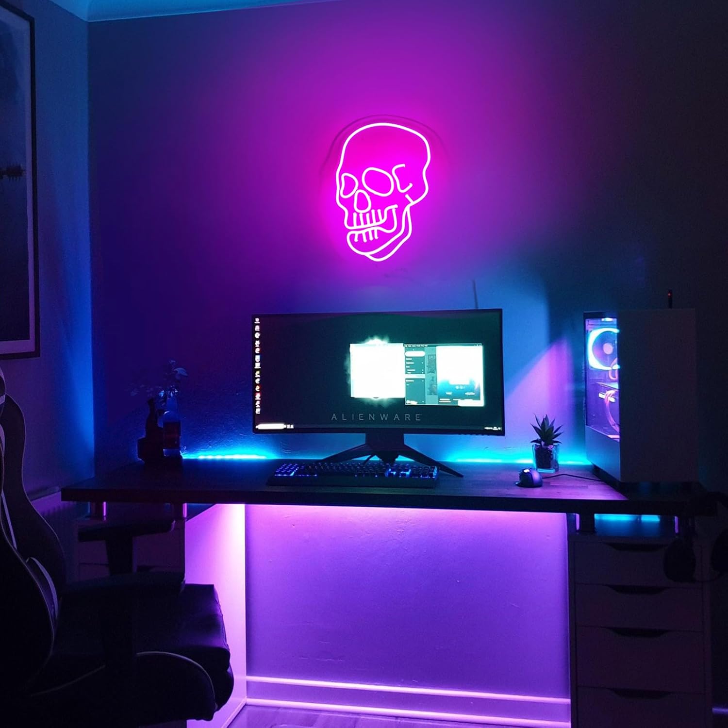 Arte de pared de calavera rosa, decoración de letrero de neón de Halloween, decoración de pared con alimentación USB y batería, letrero de luz de