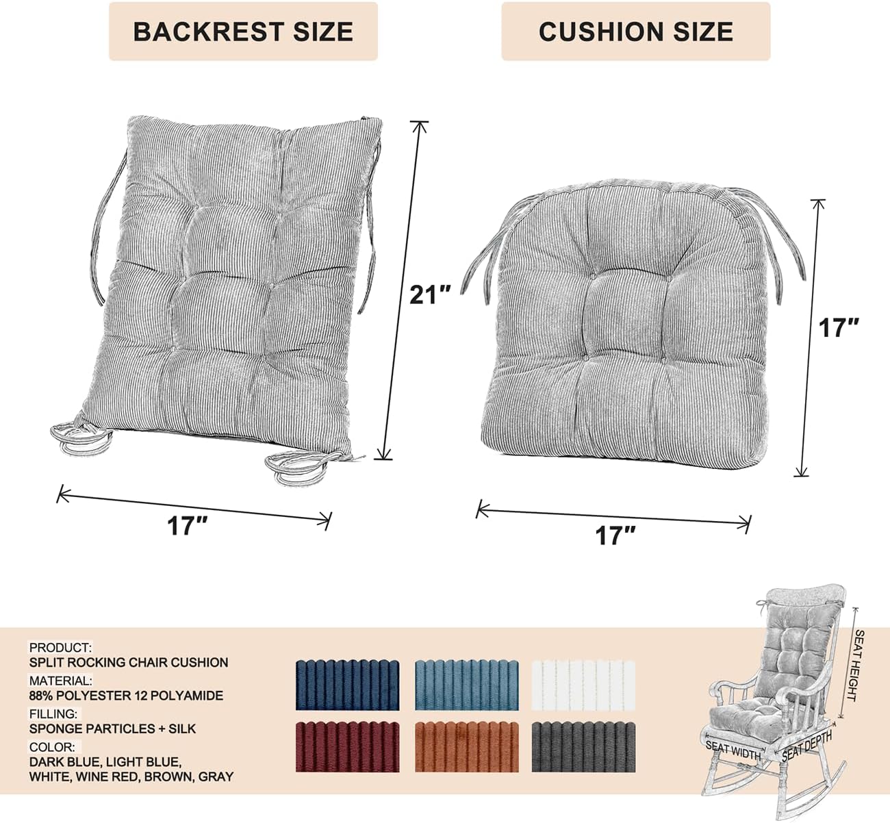 Lokex Cojín para silla mecedora, copetudo, antideslizante, cómodo, para interiores con lazos, cojines para silla mecedora a rayas, marrón