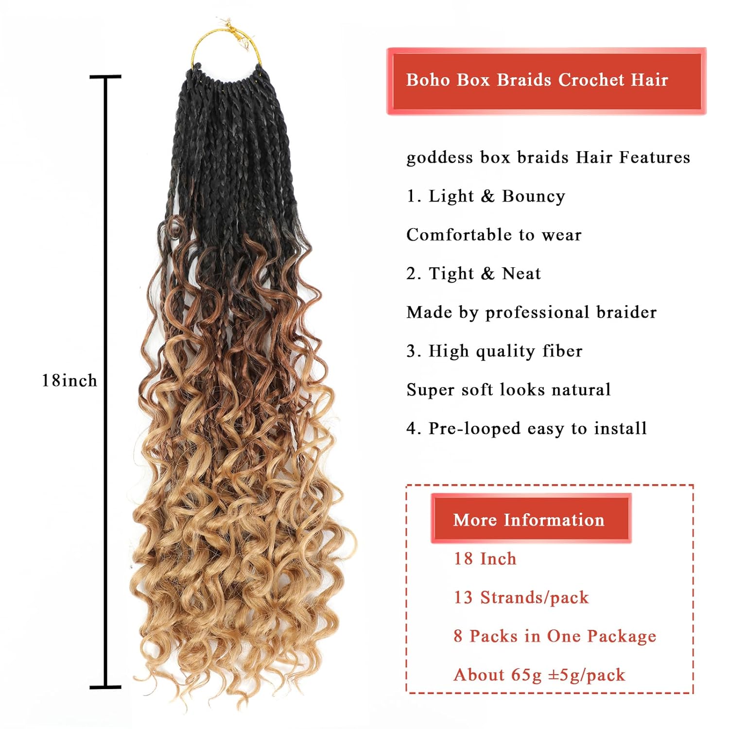 Liang Dian 8 paquetes de trenzas de cabello de ganchillo con extremos rizados de 18 pulgadas, trenzas de caja diosa de cabello bohemio de ganchillo