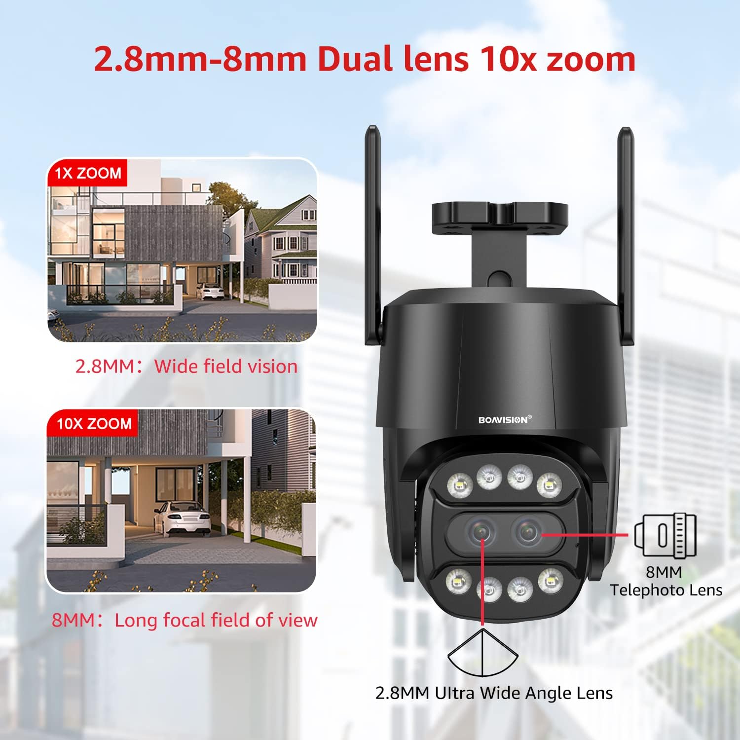 BOAVISION Cámara de seguridad 4G para exteriores, cámara de exterior Wi-Fi de doble lente 2K, cámaras PTZ de 360 para seguridad del hogar con