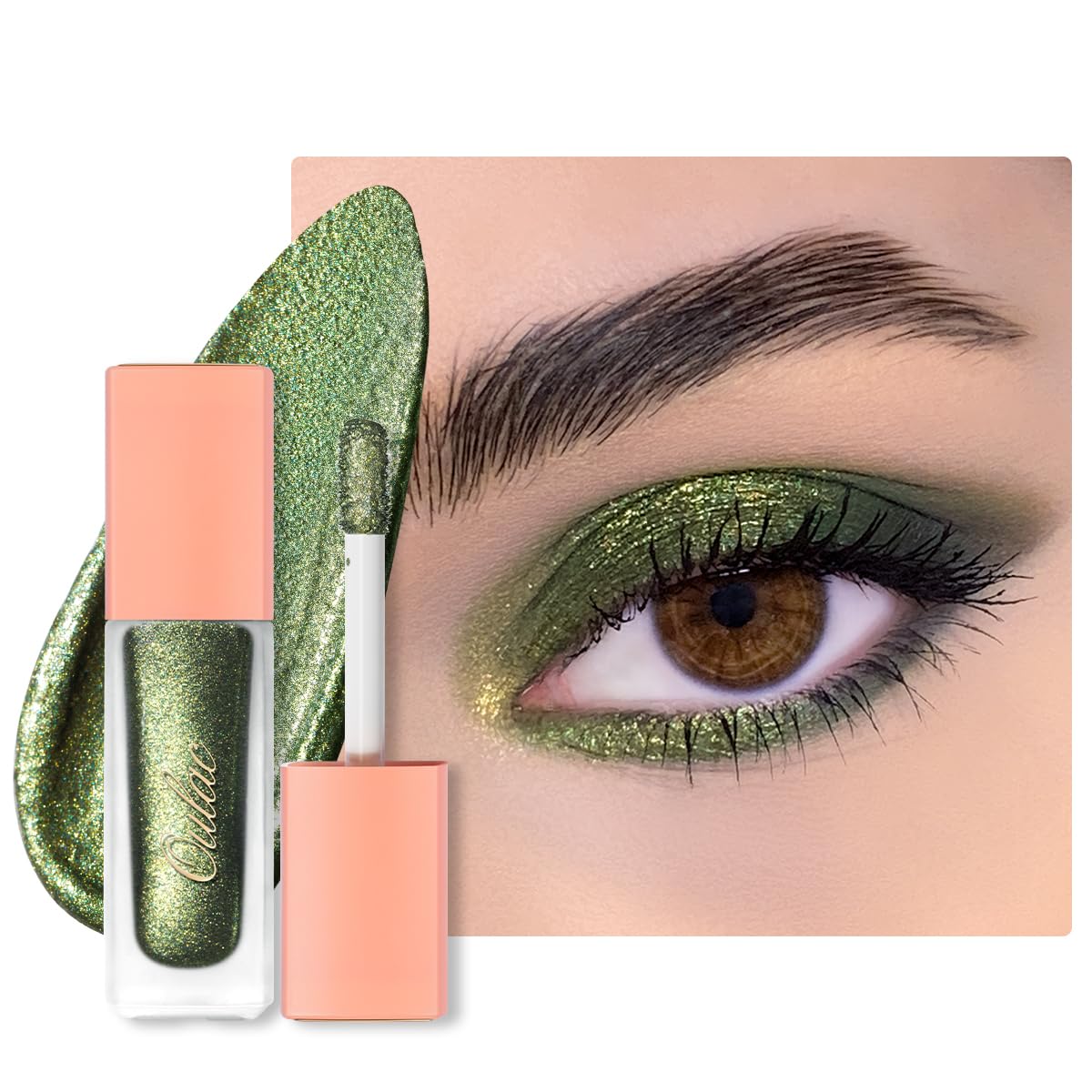 Oulac Sombra de ojos líquida verde, sombra de ojos líquida metálica, delineador de ojos líquido, maquillaje de ojos de Navidad, acabado transparente