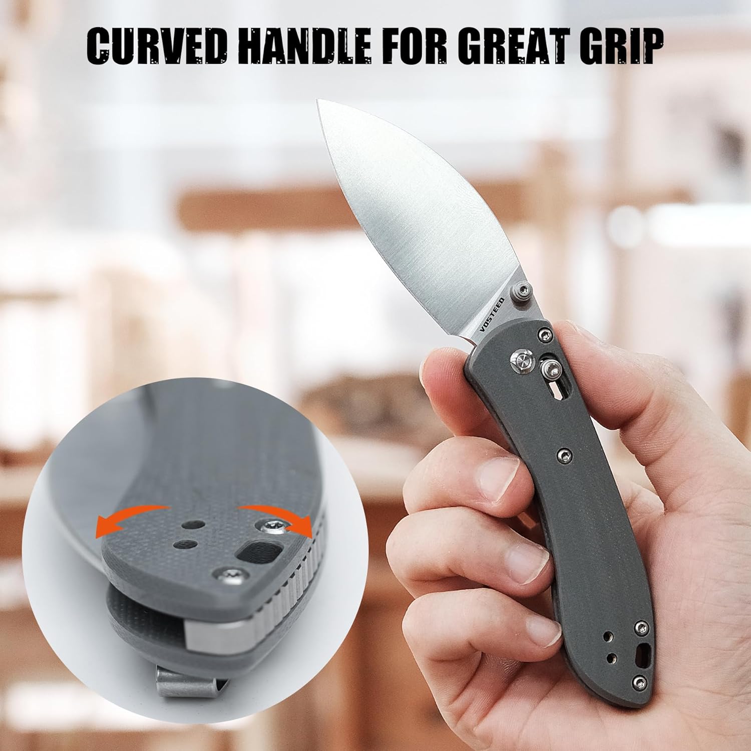 Vosteed Cuchillo plegable ligero, pequeño cuchillo de bolsillo de barra cruzada con clip para hombres y mujeres, moderno cuchillo de corte Shilin