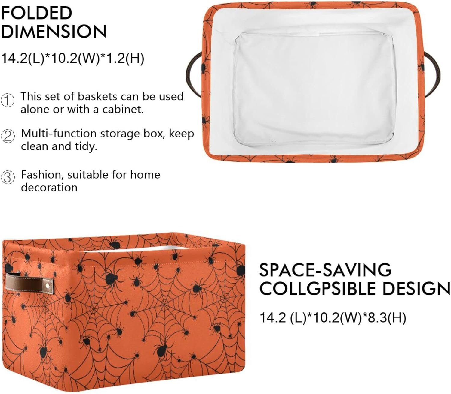 ALAZA Caja de almacenamiento plegable de tela de araña de Halloween, color naranja, cesta organizadora con asas para estantes, armario, sala de