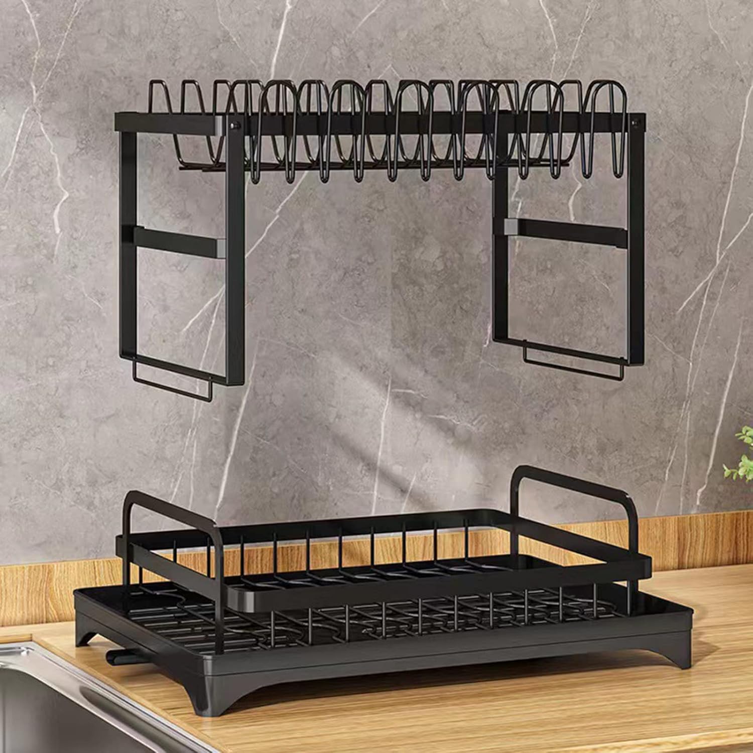 Escurridor de platos de 2 niveles para cocina a prueba de óxido, ahorro de espacio y multiusos, para encimera de cocina con soporte para utensilios,