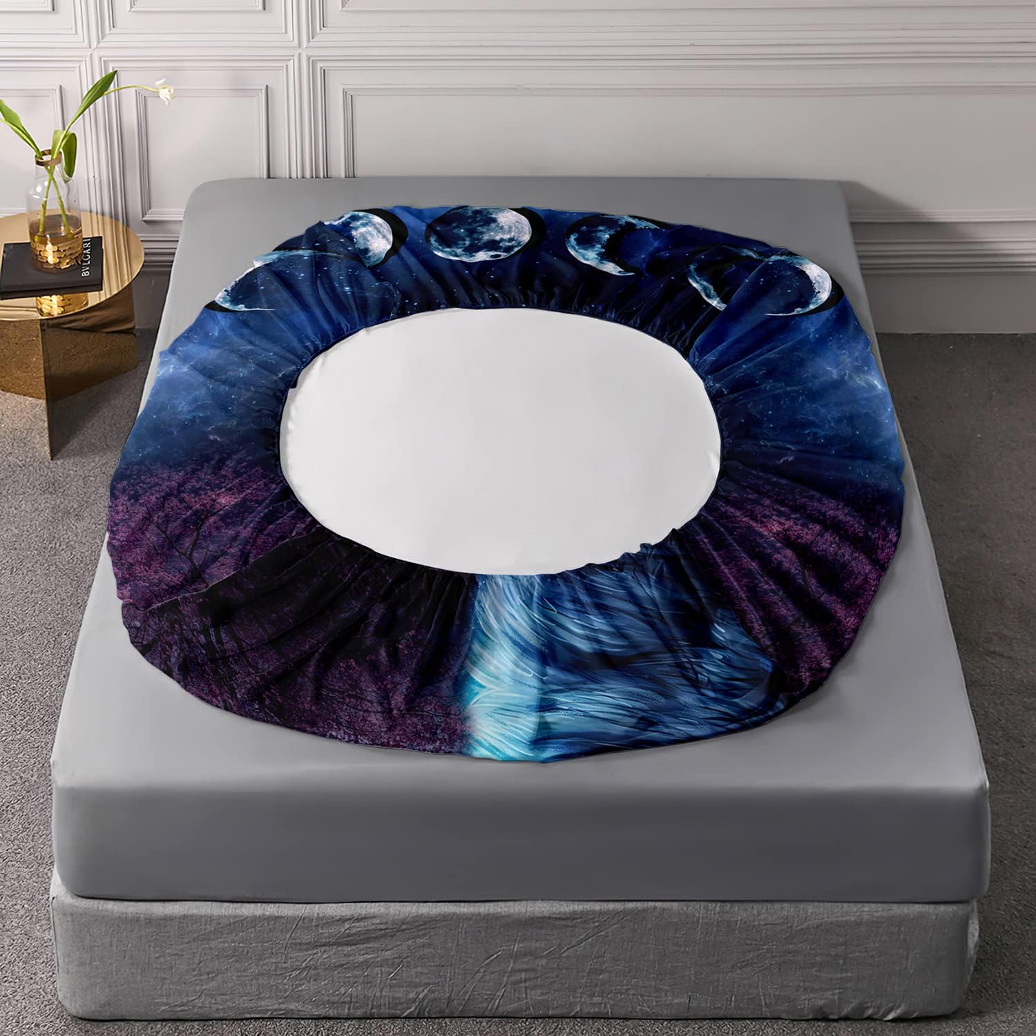 XYNHML Juego de sábanas de lobo, juego de ropa de cama con diseño de galaxia y luna nocturna y lobo aullador, juego de cama para niños y