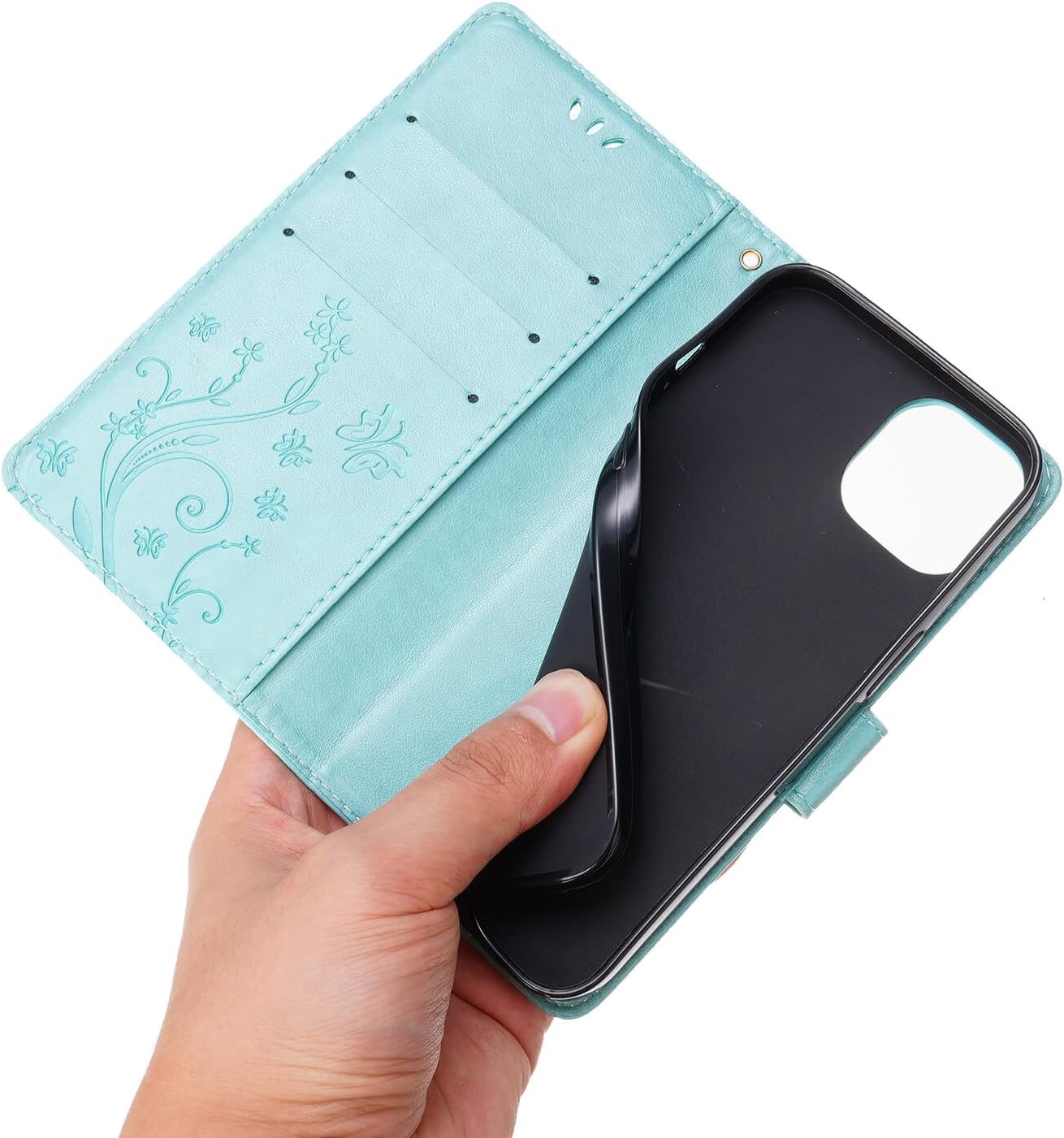 Funda tipo cartera compatible con iPhone 15 Pro, funda tipo cartera de piel sintética, funda de silicona con estampado floral de mariposa en