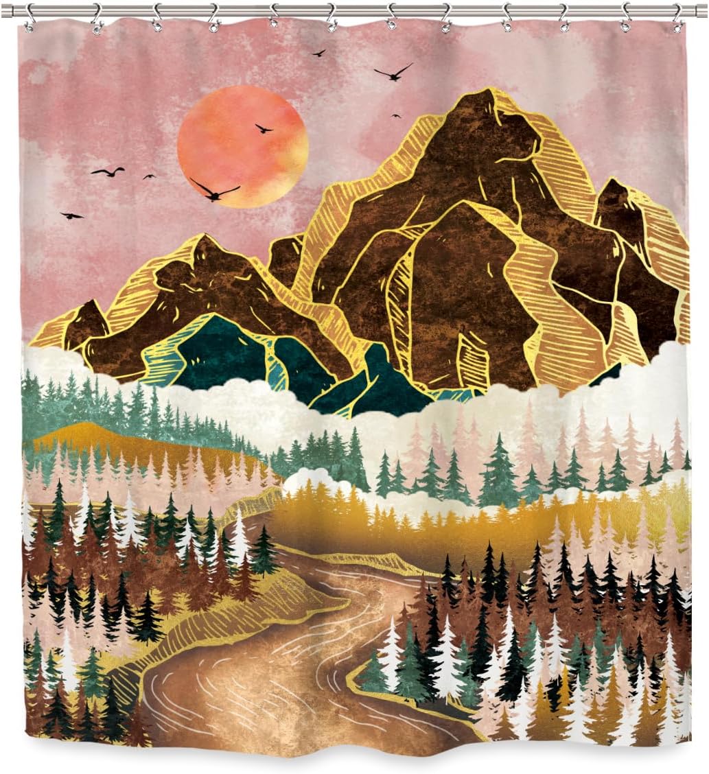 Ufeela Cortina de ducha abstracta de montaña de 60 pulgadas de ancho x 72 pulgadas de alto, estilo bohemio, puesta de sol, paisaje, naturaleza,