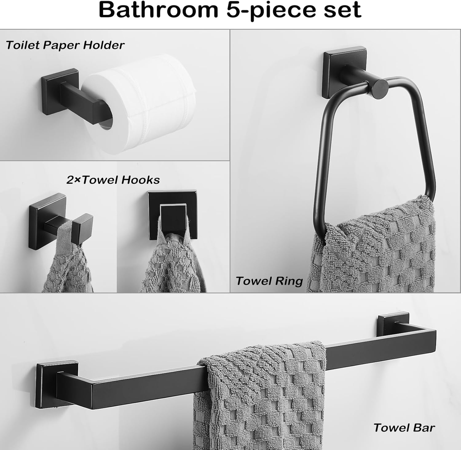 LOORODR Juego de accesorios de baño, toalleros de acero inoxidable SUS304, 5 piezas de barra de toalla negro mate montado en la pared, barras de