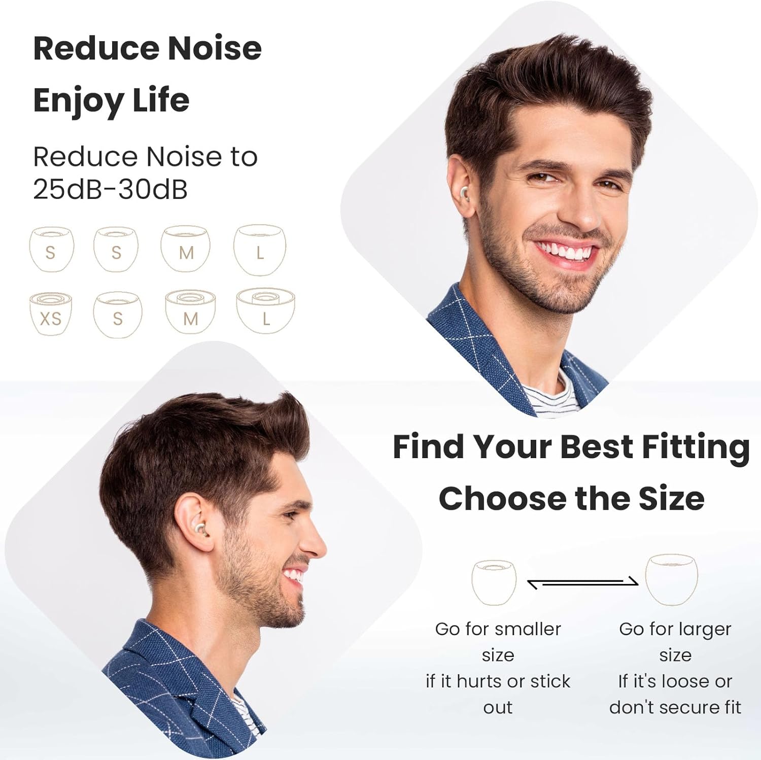 JUSTRVN Tapones para los oídos para dormir, 2 pares de tapones reutilizables para reducción de ruido 25dB-30dB con 8 almohadillas para los oídos,