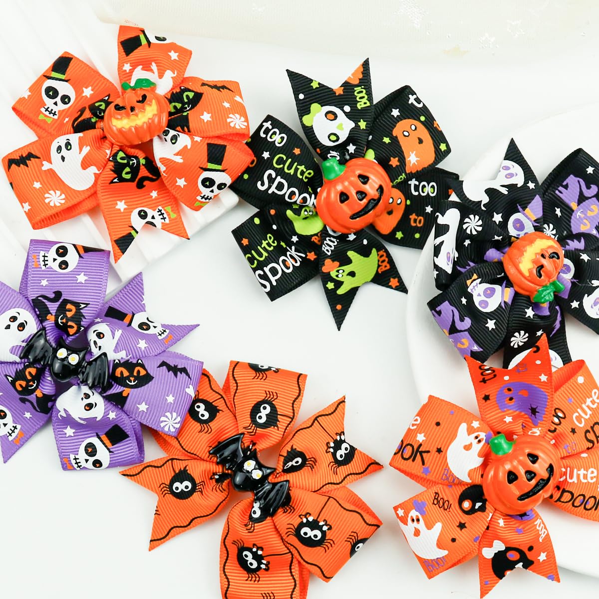 6 lazos para el cabello de Halloween, horquillas para el cabello, calabazas y murciélagos para boutique, clip de cinta de grogrén, pasador para el