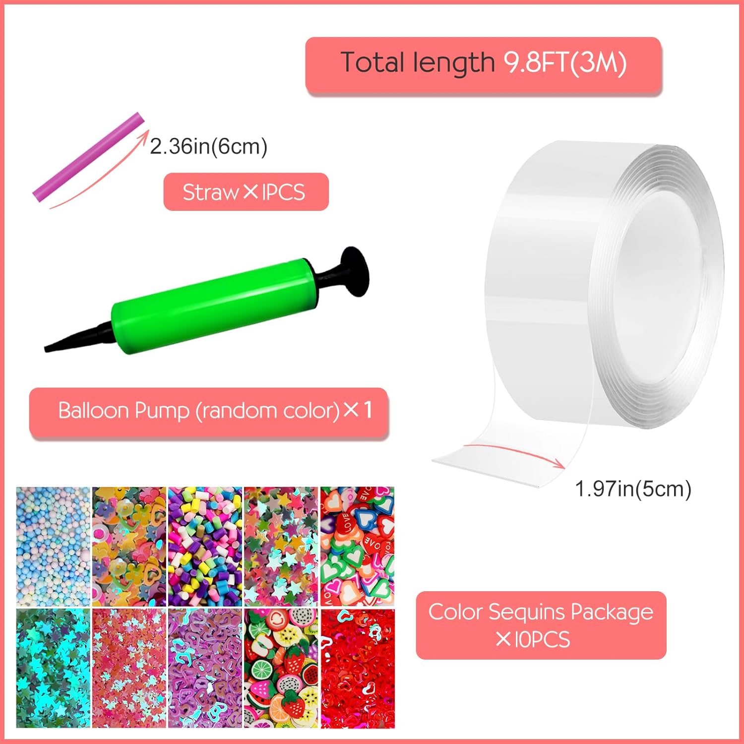 Kit de burbujas de nanocinta, kit de nano cinta de 9.8 x 1.97 pulgadas con bomba de globo y bolsas de lentejuelas de color, nano cinta transparente