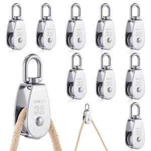 Yaocom Paquete de 10 rodillos de elevación M32 de una sola polea de carga de 551 libras de acero inoxidable 304 resistente, cuerda de elevación Yaocom Paquete de 10 rodillos de elevación M32 de una sola polea de carga de 551 libras de acero inoxidable 304 resistente, cuerda de elevación