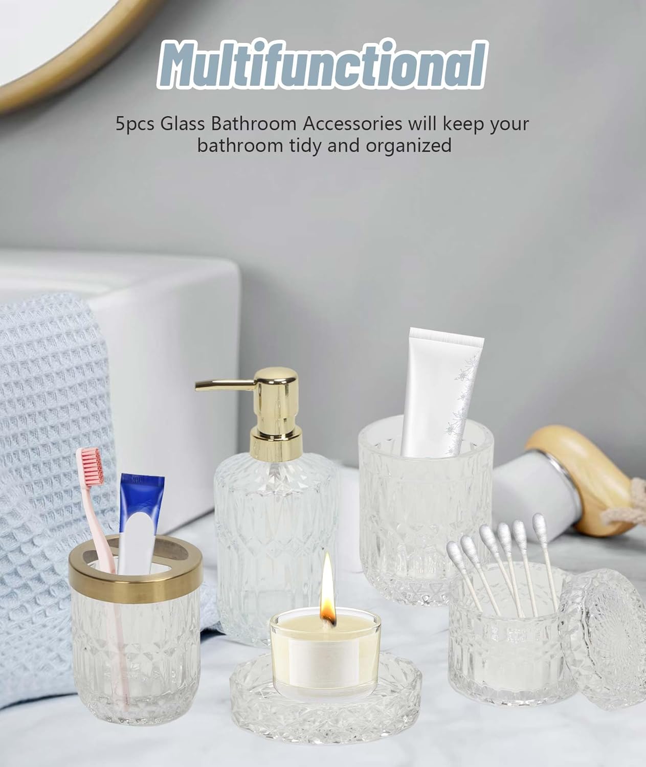 Juego completo de 5 accesorios de baño blancos, soporte para cepillo de dientes, vaso, dispensador de loción, jabonera, frascos de hisopos de