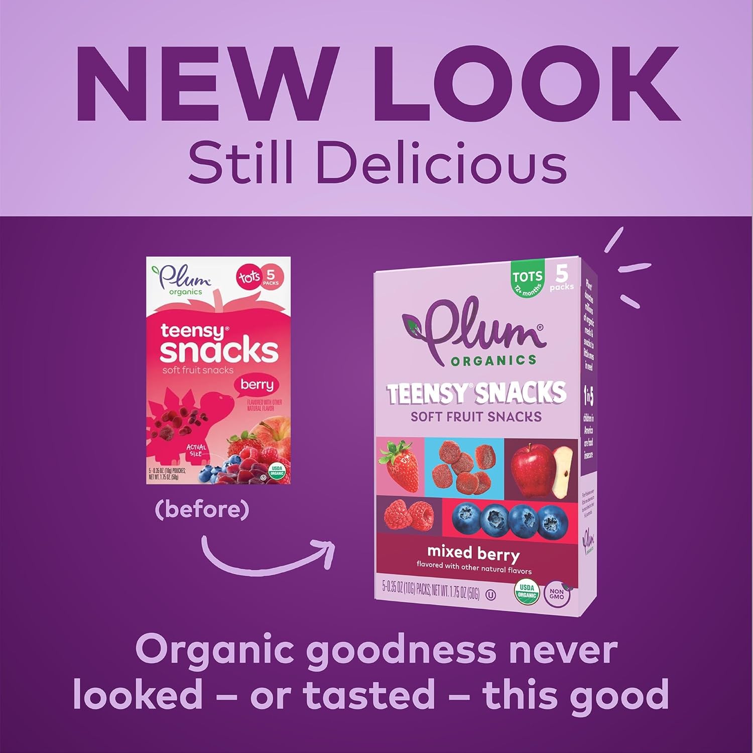 Plum Organics Teensy Snacks Snacks orgánicos de frutas para niños pequeños, bayas, bolsas de 1,75 onzas (caja de 8)