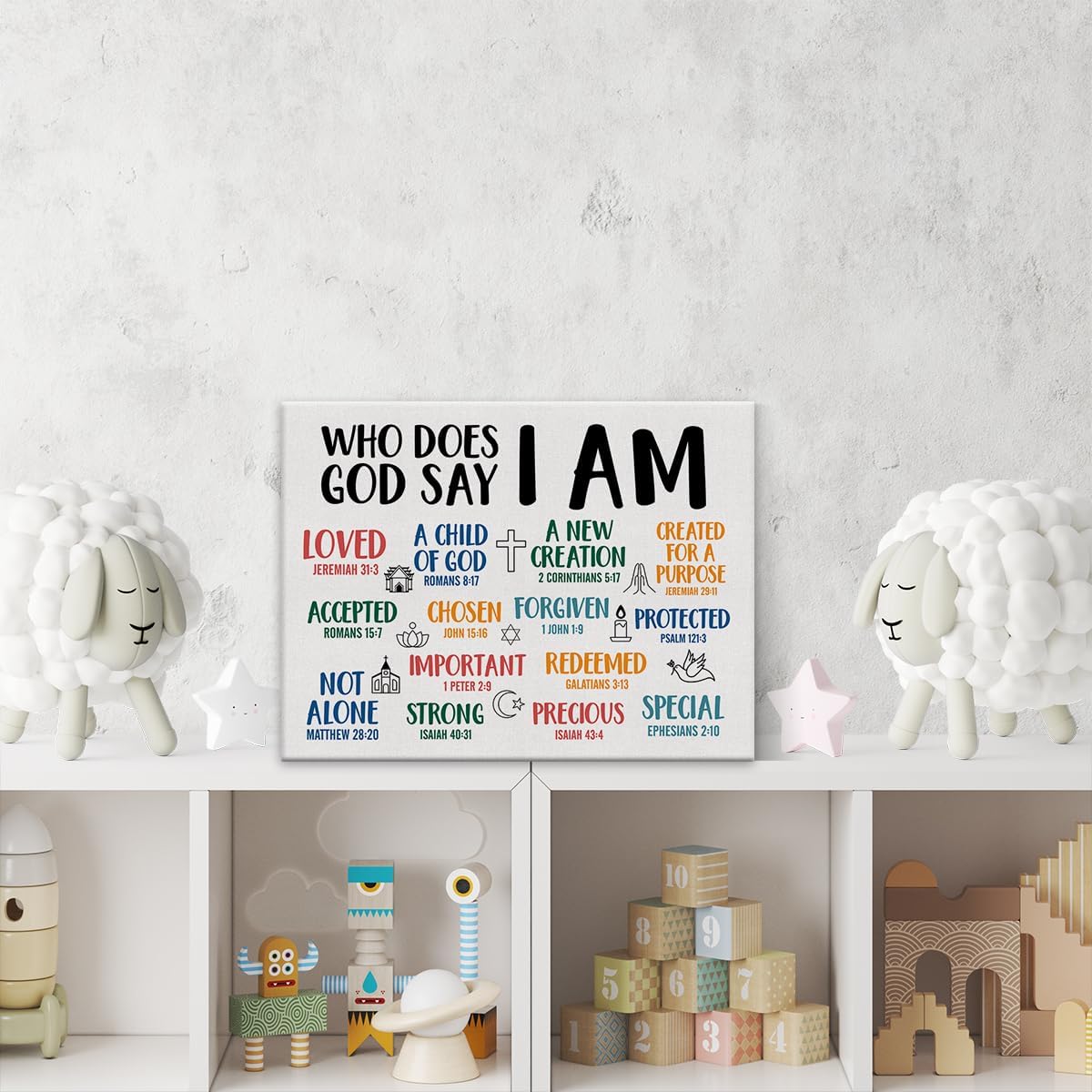 Lienzo inspirador con versículo bíblico, arte de pared, póster de afirmaciones de educación cristiana, pintura de identidad en Cristo, letrero