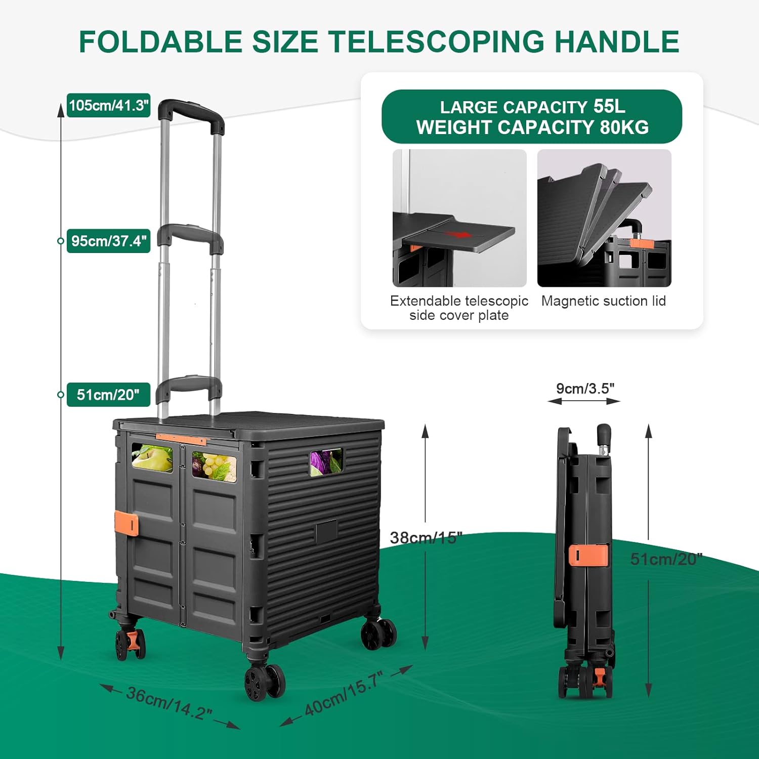 Foldable Utility Cart Folding Portable Rolling Crate with Magnetic Extended Lid,360Rotate Wheels,176LBS Load Capacity,Heavy Duty Durable Dolly Cart