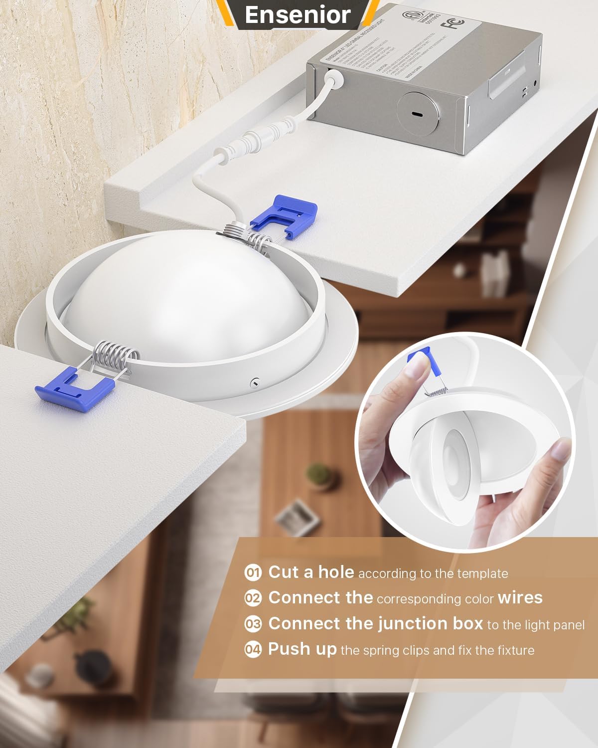 Ensenior Paquete de 4 luces LED empotrables LED de 4 pulgadas 5CCT con caja de conexiones, iluminación ocular direccional ajustable de 360+90,