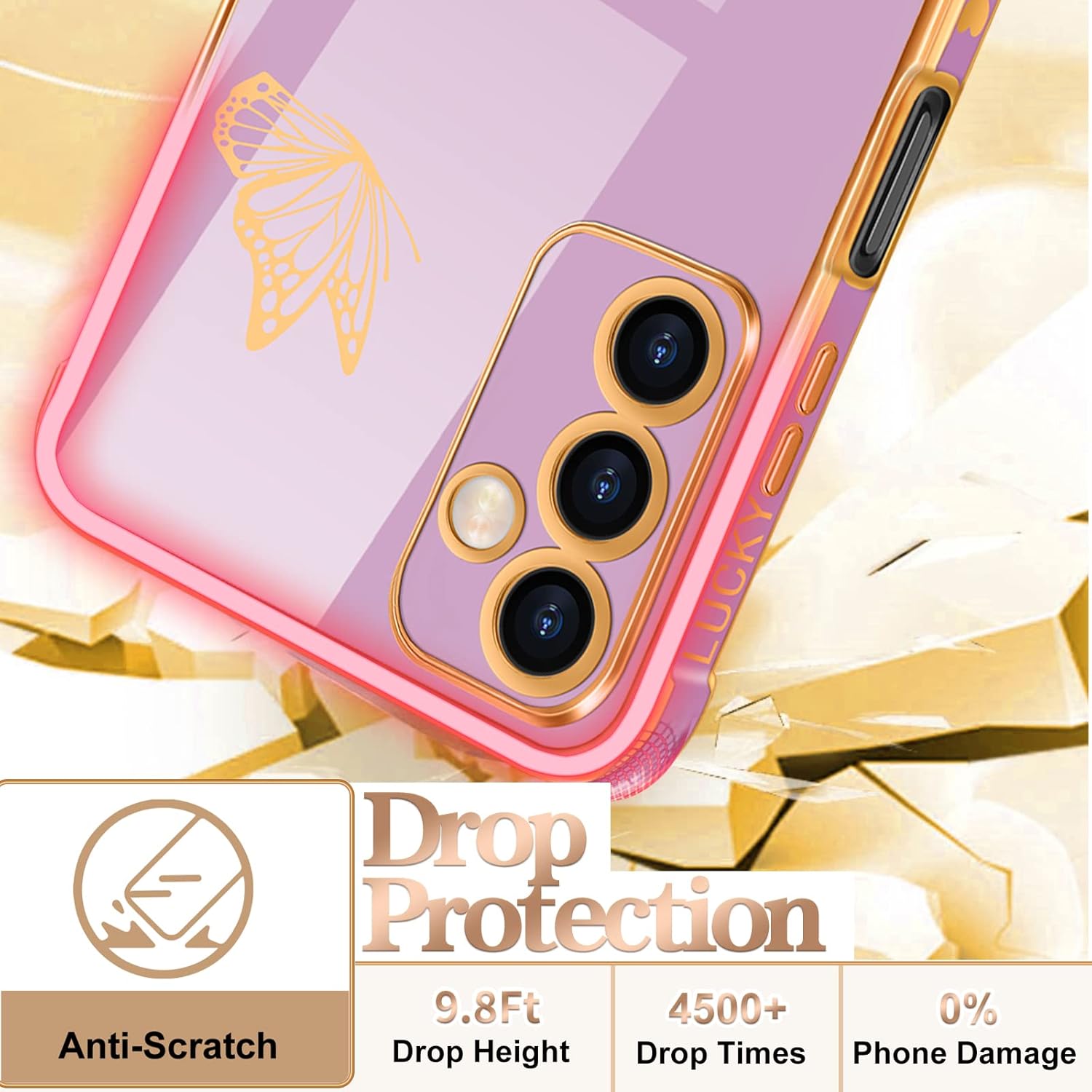 Coralogo Funda de teléfono para Samsung Galaxy A14 5G con diseño de mariposas para mujeres y niñas, diseño de mariposas chapadas en morado y dorado
