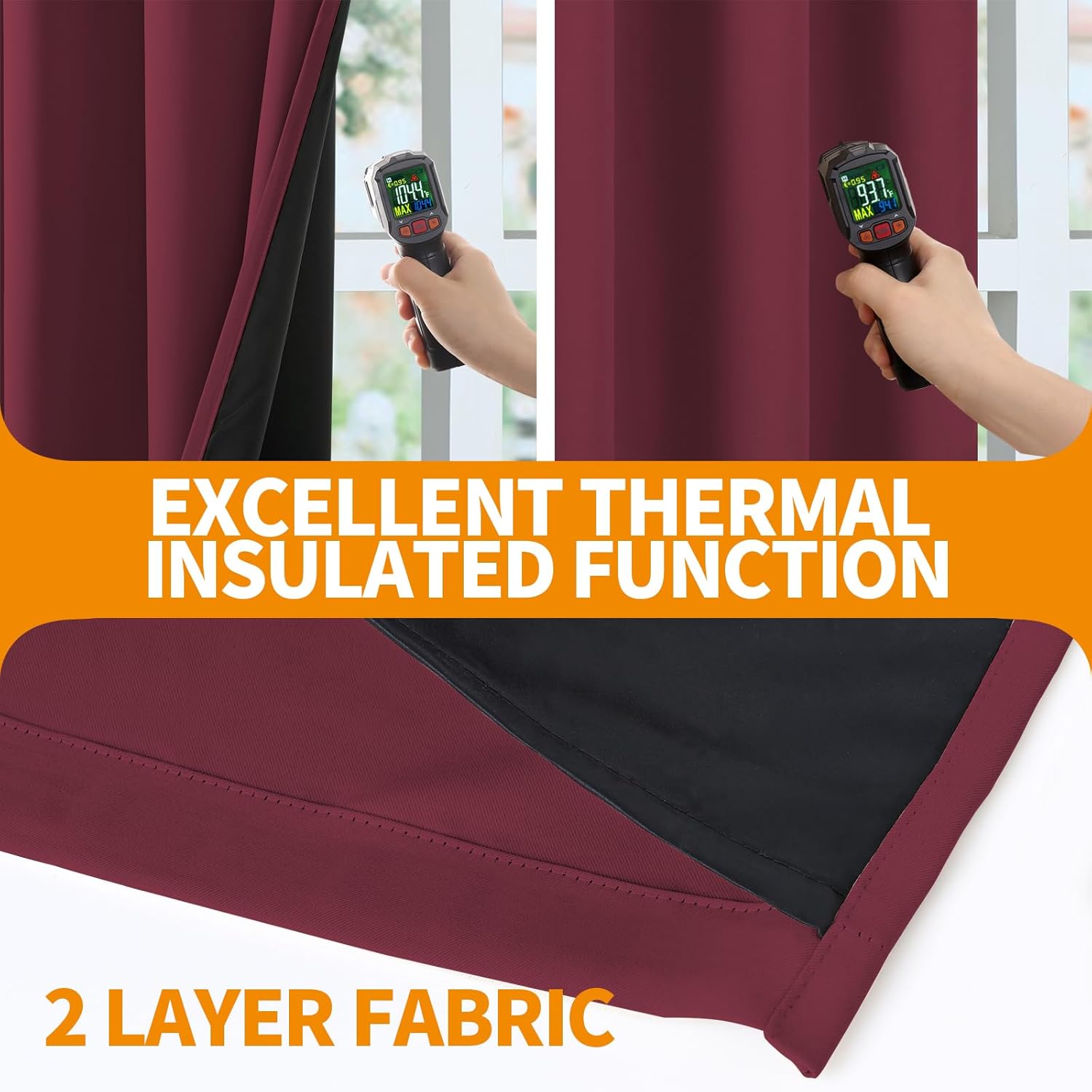 YoungsTex Cortinas 100% opacas color burdeos para dormitorio, 54 pulgadas de largo, doble capa de bloqueo de luz completa que reduce el ruido,