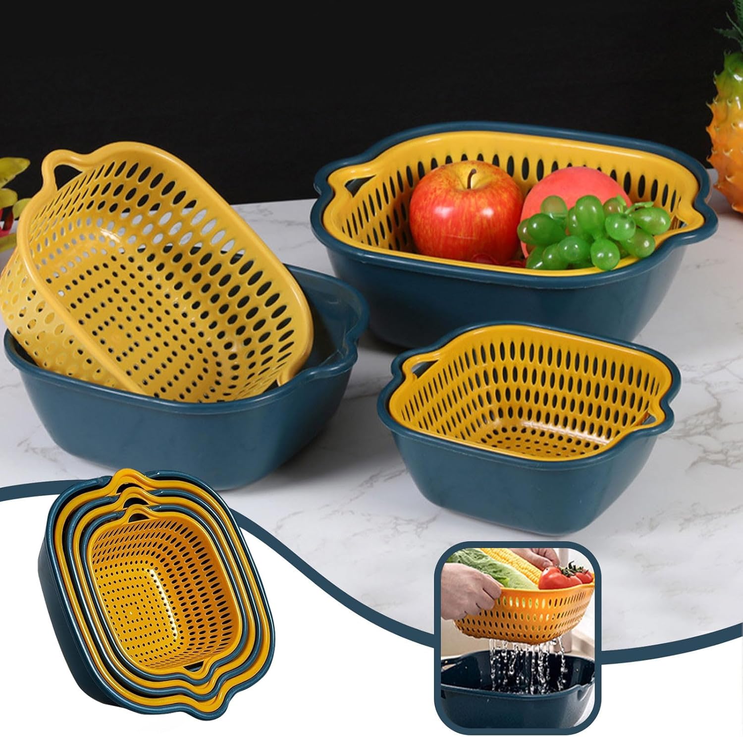 Lavabo de cocina de seis piezas en cesta de doble capa, cesta de lavado de plástico multifuncional para verduras y frutas, para el hogar y la cocina