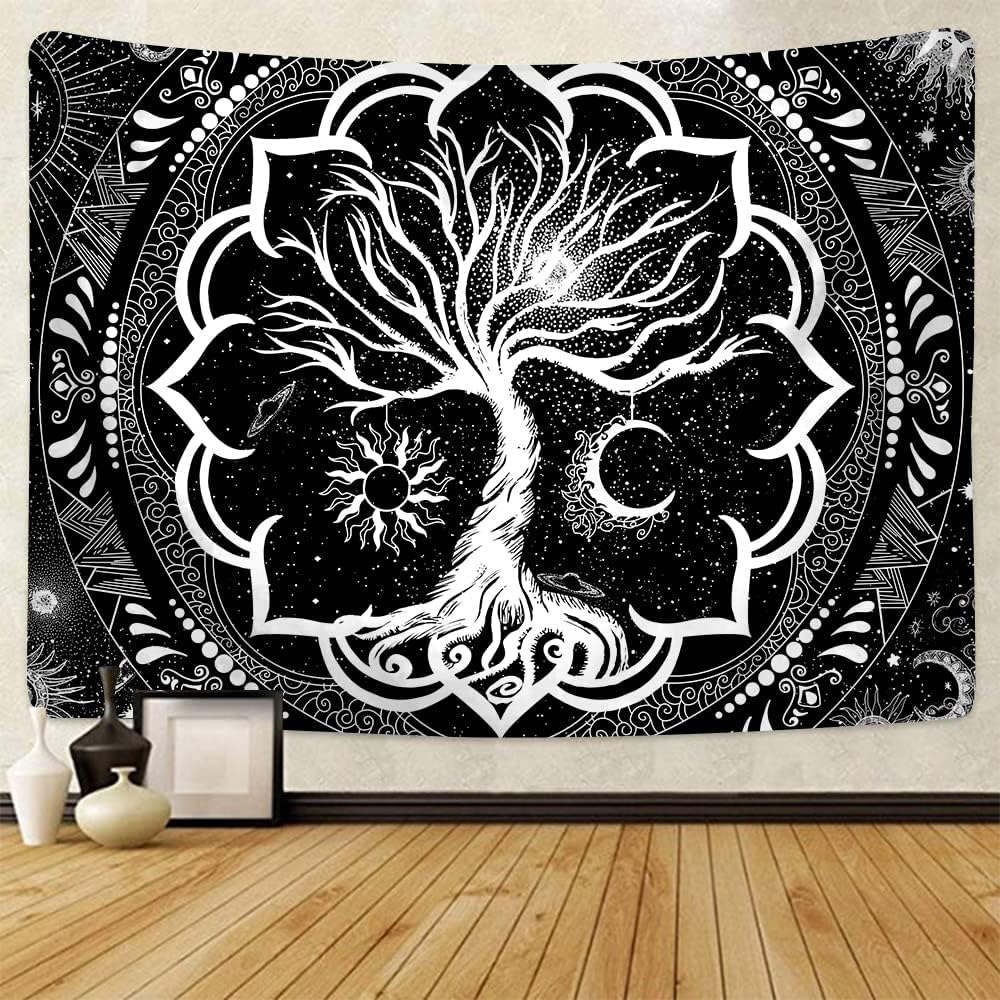 ARTHMOM Tapiz de árbol de la vida para dormitorio, estética de dormitorio, tapiz bohemio en blanco y negro, tapiz trippy de sol y luna con espacio