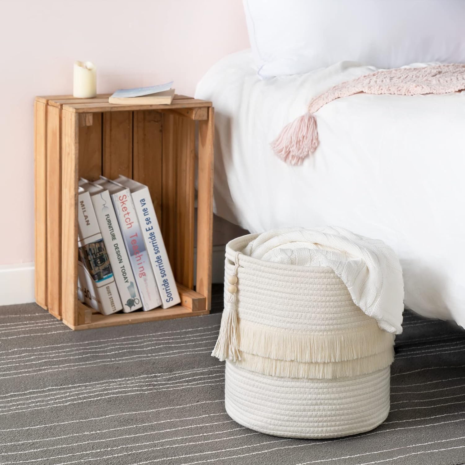 Dahey Cesta decorativa de macramé de cuerda de algodón, decoración bohemia para guardería, pequeña y bonita borla tejida con cuentas de madera para